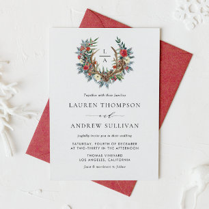 Watercolor Floral Antler Wreath Monogram Wedding Invitation