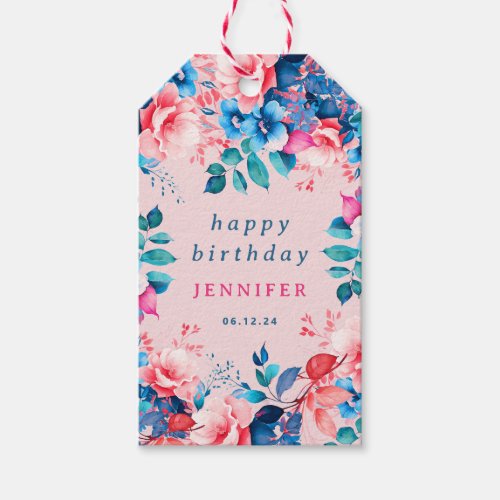 Watercolor Floral Any Age Happy Birthday Blush  Gift Tags