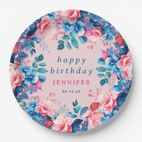 Watercolor Floral Any Age Happy Birthday Blush  Paper Plates