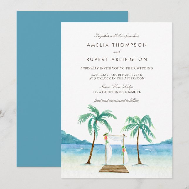 Watercolor Floral Arbor Tropical Beach Wedding Invitation (Front/Back)