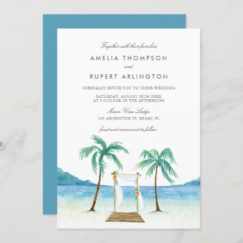 Watercolor Floral Arbor Tropical Beach Wedding Invitation