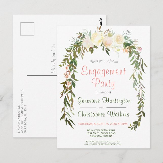 Watercolor Floral Arch Engagement Party Postcard (Front/Back)