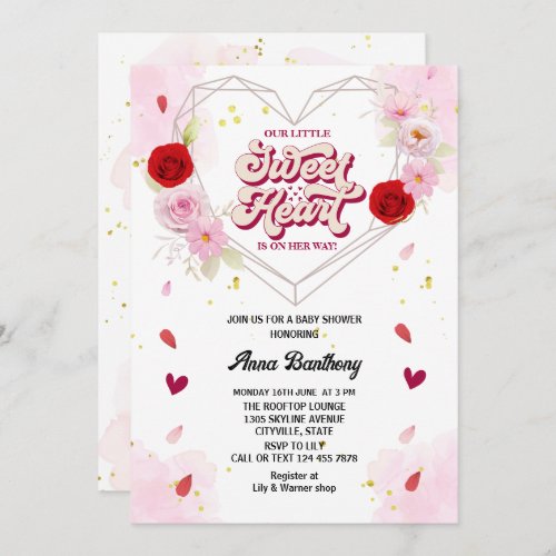 watercolor floral arch heart pink red baby shower invitation