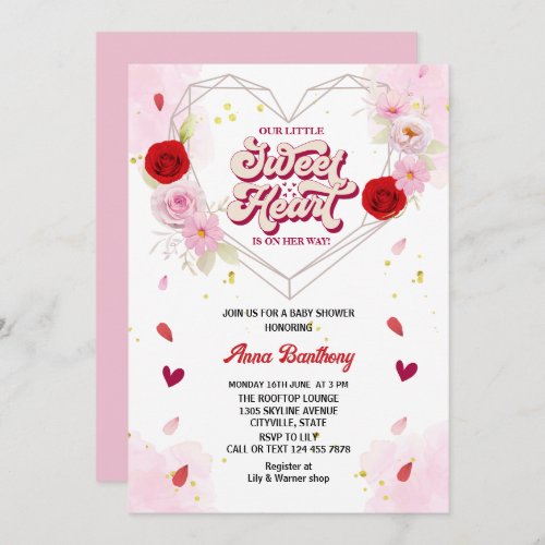 watercolor floral arch heart pink red baby shower invitation
