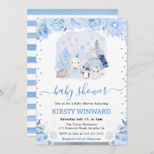 Watercolor Floral Arctic Animals Baby Shower Invitation