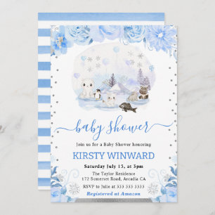 Watercolor Floral Arctic Animals Baby Shower Invitation