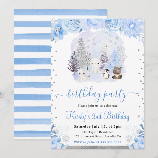Watercolor Floral Arctic Animals Birthday Invitation (Front/Back)