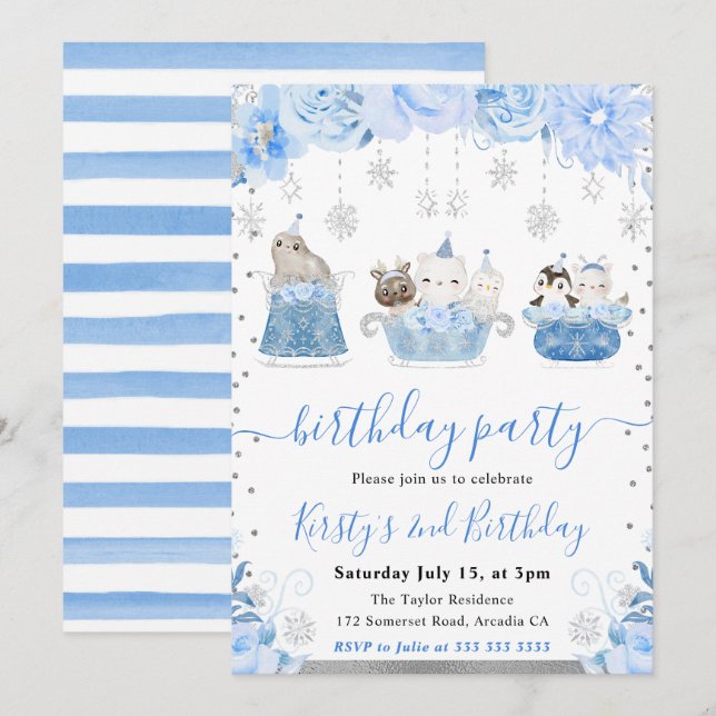 Watercolor Floral Arctic Animals Birthday Invitation (Front/Back)