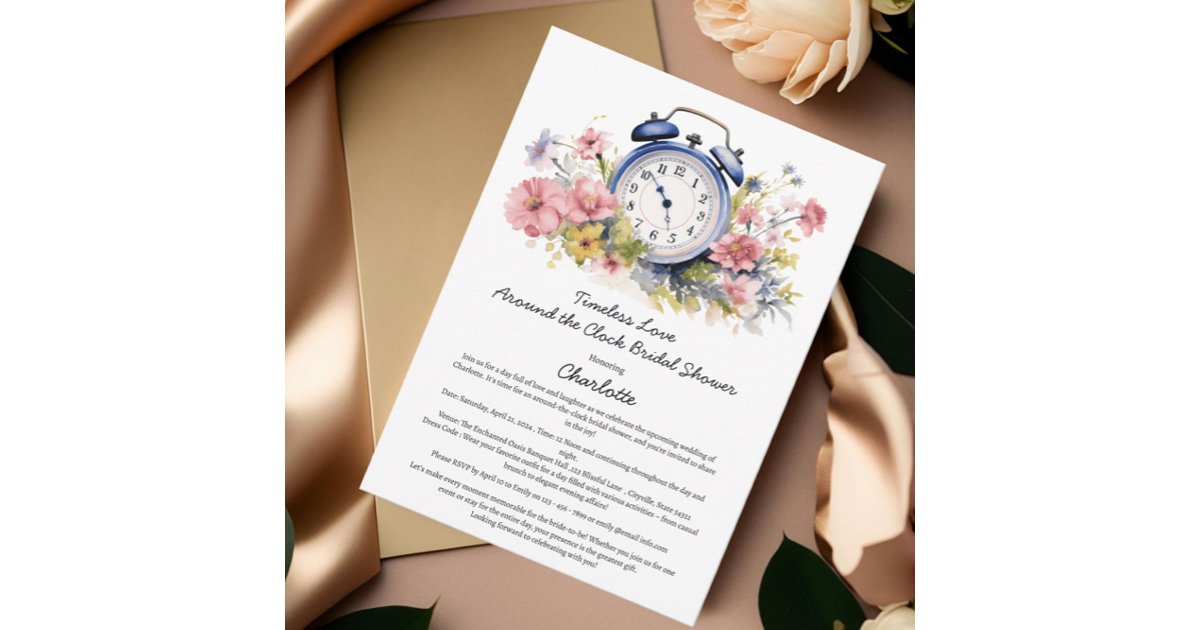 Watercolor Floral Around The Clock Bridal Shower Invitation | Zazzle