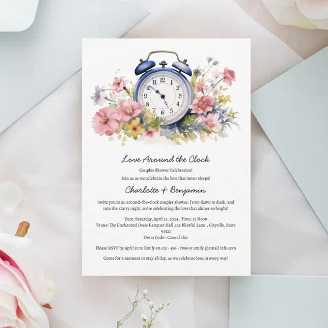 Watercolor Floral Around The Clock Couples Shower Invitation | Zazzle