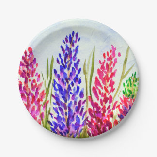 Watercolor Floral Art Lupine Wildflowers Pink Paper Plates