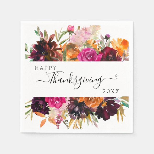 Watercolor Floral Autumn Boho Thanksgiving Napkins (Front)