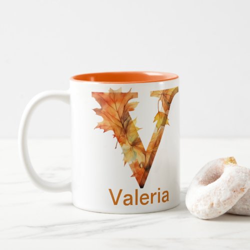 Watercolor Floral Autumn Leaves Letter V Monogram Two_Tone Coffee Mug