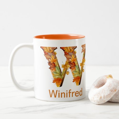 Watercolor Floral Autumn Leaves Letter W Monogram Two_Tone Coffee Mug