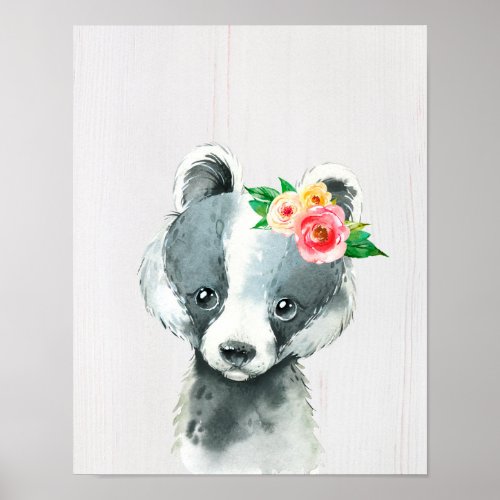 Watercolor Floral Baby Badger Woodland Animal Poster