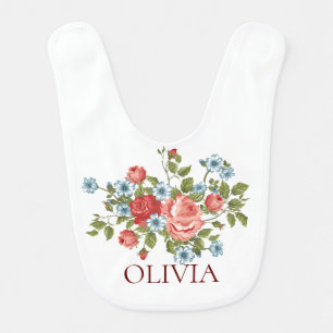 Watercolor Floral Baby Bib- Red Pink Blue name Bib