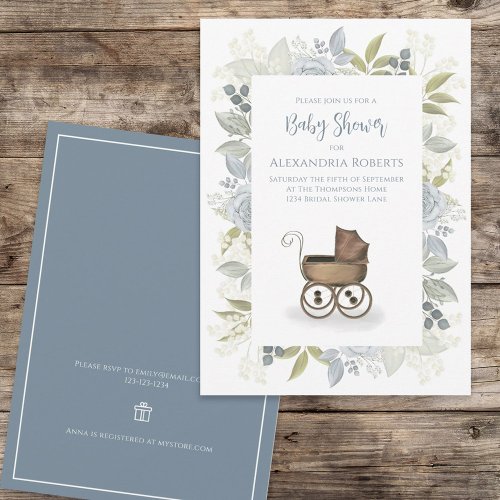 Watercolor Floral Baby Blue Carriage Gift Registry Invitation