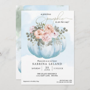 Watercolor Floral Baby Blue Pumpkin Baby Shower Invitation