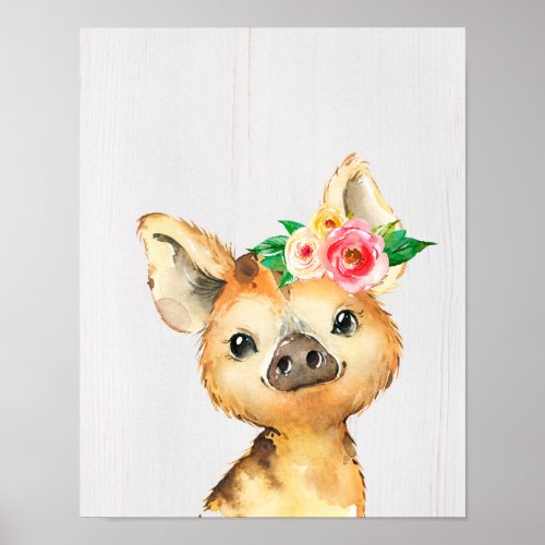 Watercolor Floral Baby Boar Safari Animals Poster