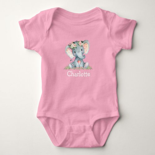 Watercolor Floral Baby Elephant Baby Pink White Baby Bodysuit