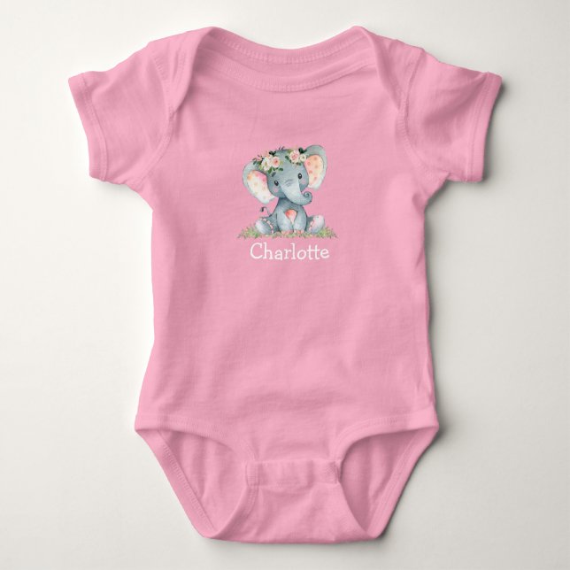 Watercolor Floral Baby Elephant Baby Pink White Bodysuit (Front)