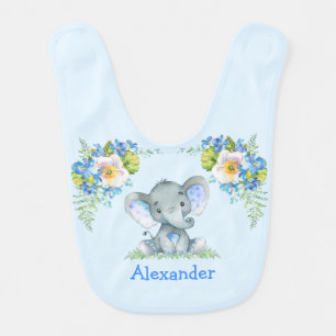 Watercolor Floral Baby Elephant on Greenery Blue Bib
