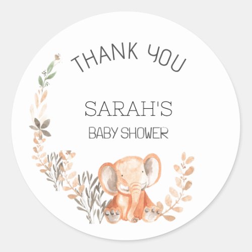 Watercolor Floral Baby Elephant Shower Thank You  Classic Round Sticker