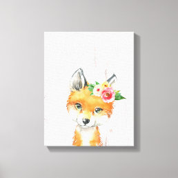 Watercolor Floral Baby Fox, Woodland Animals Canvas Print