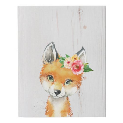 Watercolor Floral Baby Fox Woodland Animals Faux Canvas Print
