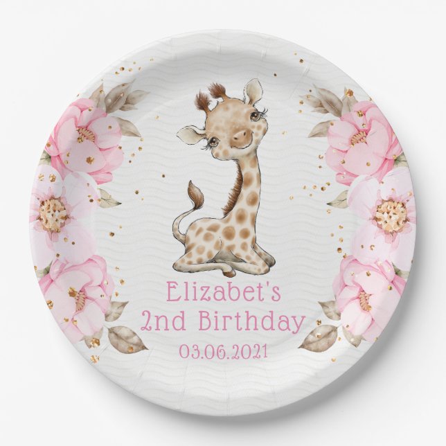 Watercolor Floral Baby Giraffe Peony Birthday Paper Plates (Front)