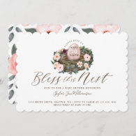 Watercolor Floral Baby Girl Bird Nest Baby Shower Invitation