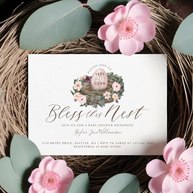 Watercolor Floral Baby Girl Bird Nest Baby Shower Invitation