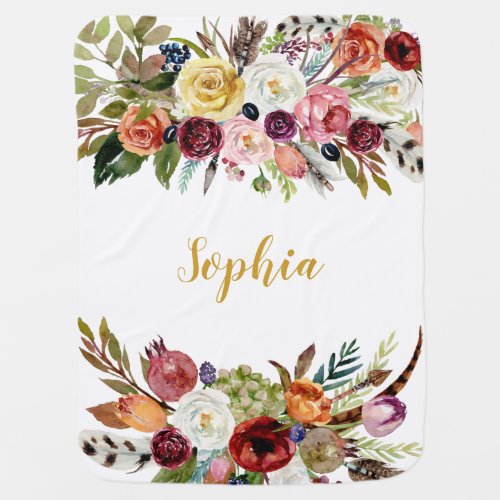 Watercolor Floral Baby Girl Sunflower Yellow Name Baby Blanket