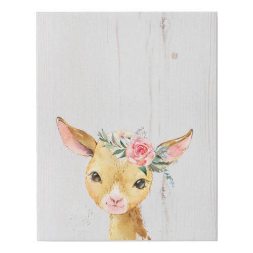 Watercolor Floral Baby Goat Faux Canvas Print