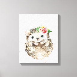 Watercolor Floral Baby Hedgehog, Woodland Animals Canvas Print