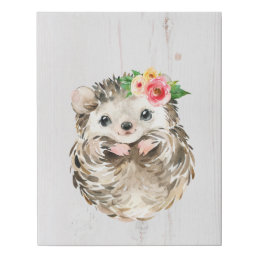Watercolor Floral Baby Hedgehog, Woodland Animals Faux Canvas Print
