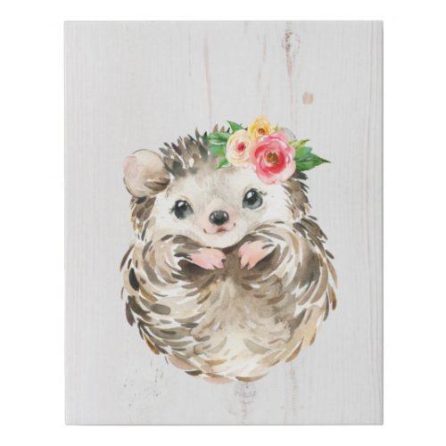 Watercolor Floral Baby Hedgehog Woodland Animals Faux Canvas Print