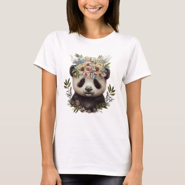 Watercolor Floral Baby Panda Cute T-Shirt (Front)