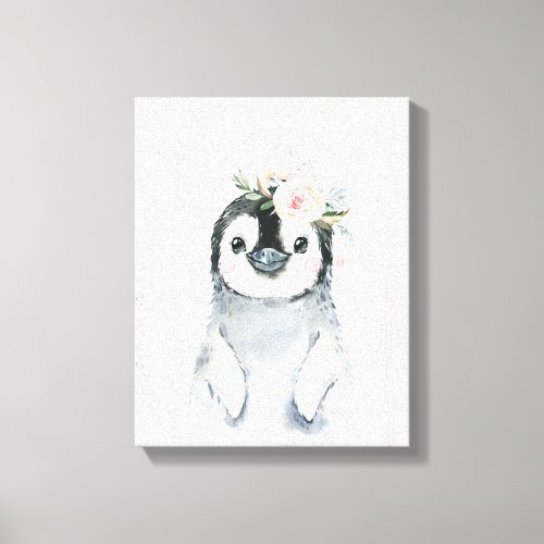 Watercolor Floral Baby Penguin Snowy Animals Canvas Print