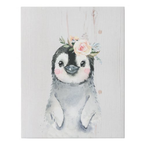Watercolor Floral Baby Penguin Snowy Animals Faux Canvas Print