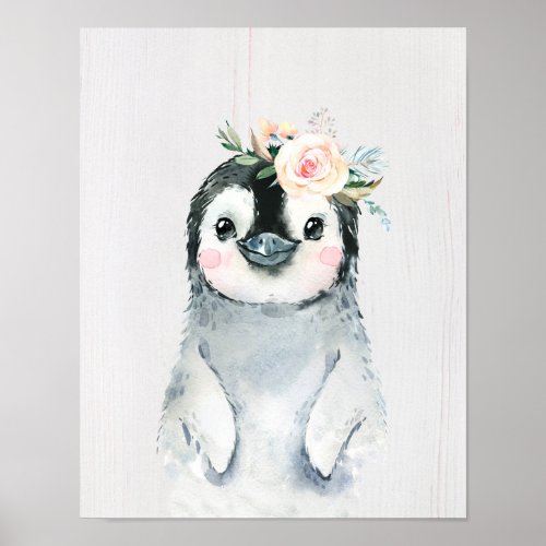 Watercolor Floral Baby Penguin Snowy Animals Poster