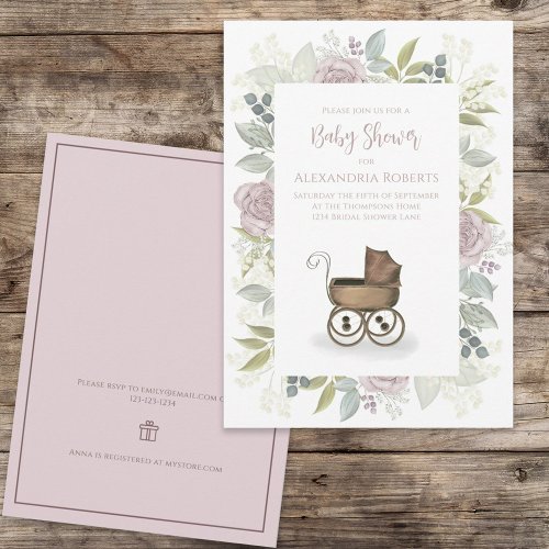 Watercolor Floral Baby Pink Carriage Gift Registry Invitation