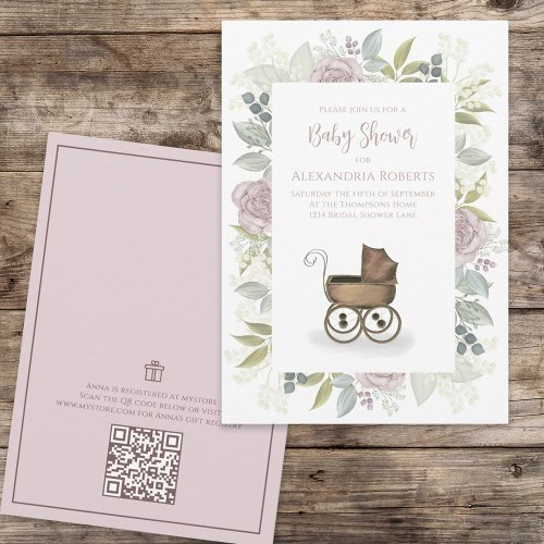 Watercolor Floral Baby Pink QR Code Gift Registry Invitation