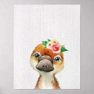 Watercolor Floral Baby Platypus Australian Animals Poster
