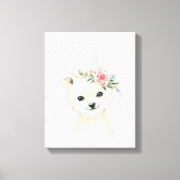 Watercolor Floral Baby Polar Bear Snowy Animals Canvas Print