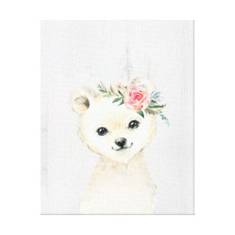 Watercolor Floral Baby Polar Bear Snowy Animals Canvas Print
