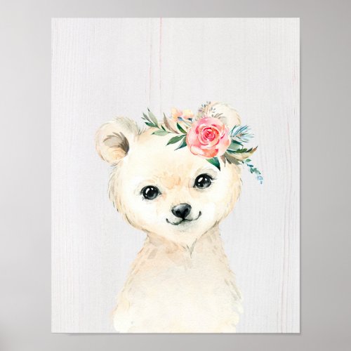 Watercolor Floral Baby Polar Bear Snowy Animals Poster