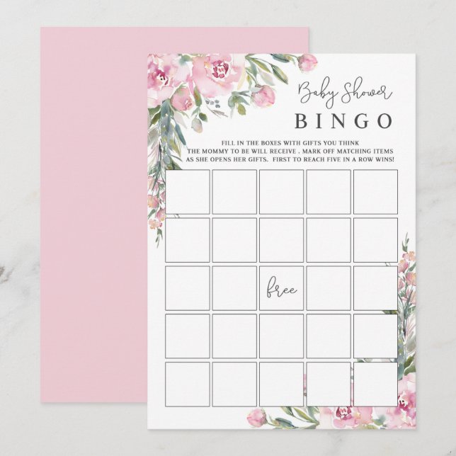 Watercolor Floral Baby Shower Bingo Game Card (Front/Back)