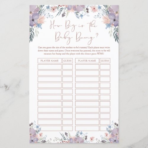 Watercolor Floral Baby Shower Bump Game Sheet