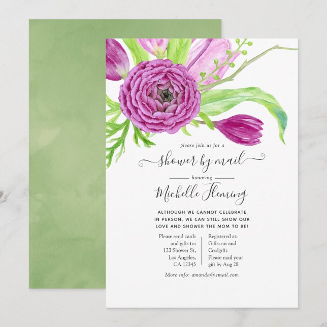 Watercolor Floral Baby Shower by Mail Invitation (Front/Back)